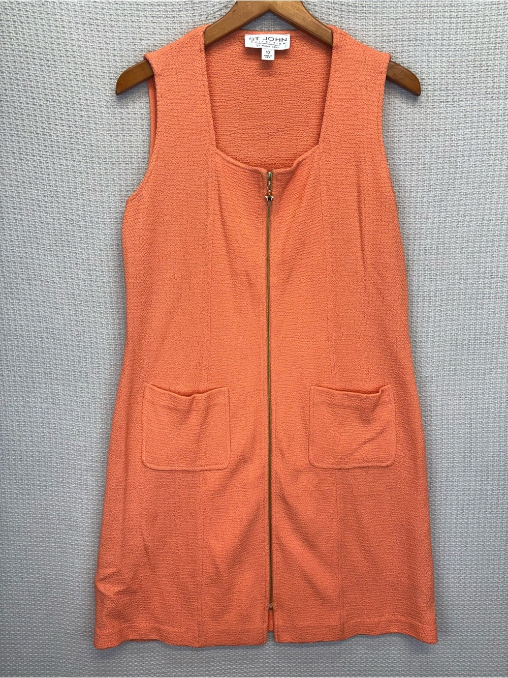 St. John Collection Coral Pink Cotton Midi Sleeveless Sheath Dress Sz 10 Pocket